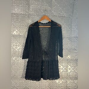 American Vintage Woven Black long Bell Sleeve Knit Tie Cardigan